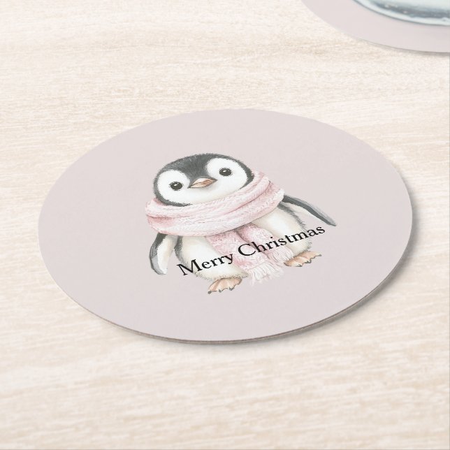 Pink Scarf Penguin Christmas Round Paper Coaster (Angled)