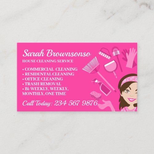 Pink Scheme Janitorial Lady Cartoon House Cleaning Business Card