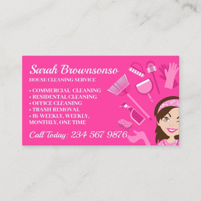 Pink Scheme Janitorial Lady Cartoon House Cleaning Business Card