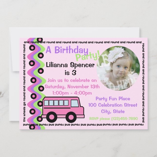 Pink School Bus Wheels with Photo Invitation (Front)
