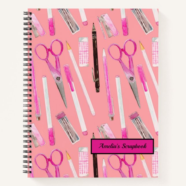 Pink scissors pen pencil eraser marker personalize notebook (Front)