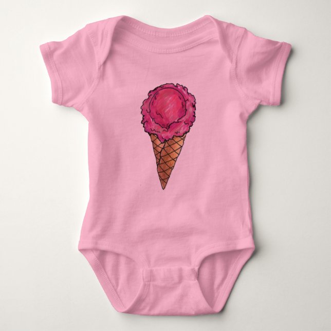 Pink Scoop Strawberry Ice Cream Waffle Cone Foodie Baby Bodysuit (Front)