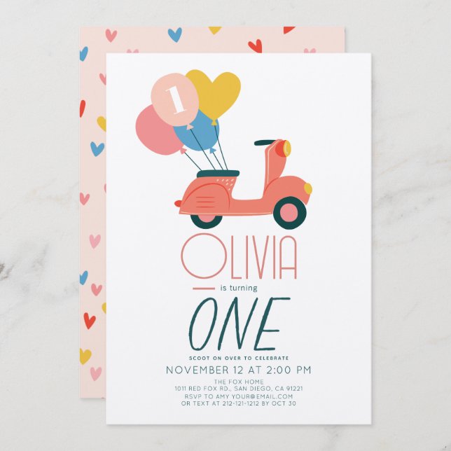 Pink Scooter Balloons Girl 1st Birthday Invitation (Front/Back)
