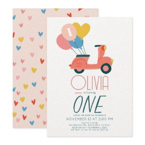 Pink Scooter Balloons Girl 1st Birthday Invitation