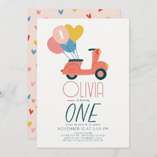 Pink Scooter Balloons Girl 1st Birthday Invitation