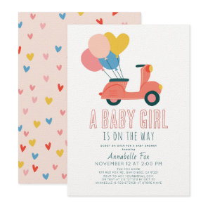 Pink Scooter Balloons Girl Baby Shower Invitation