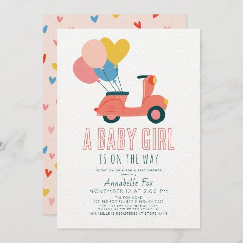 Pink Scooter Balloons Girl Baby Shower Invitation