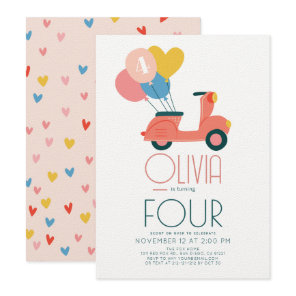 Pink Scooter Balloons Girl Birthday Invitation