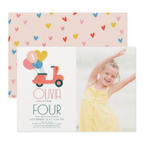 Pink Scooter Balloons Girl Birthday Photo Invitation