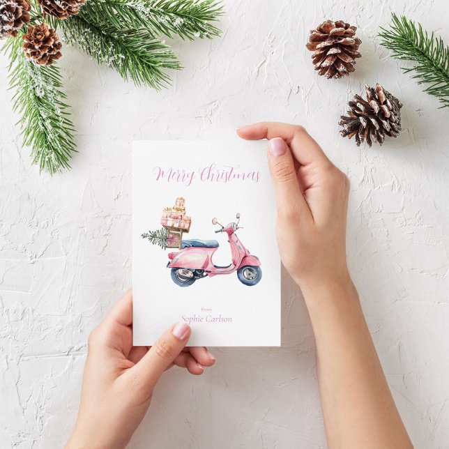 Pink Scooter Christmas Shopping Trip   Holiday Card (Pink Vespa Christmas shopping trip card)