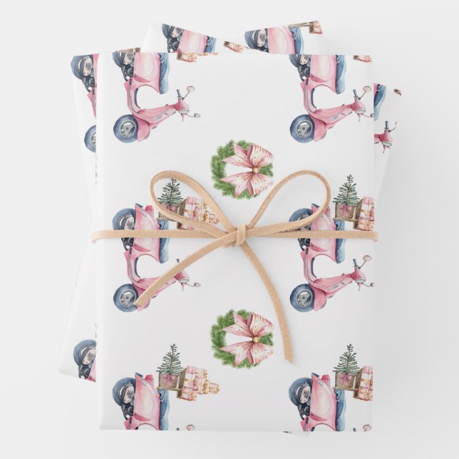 Pink Scooter Christmas Shopping Wrapping Paper Sheets (In situ)