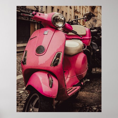 Pink scooter parked at street poster