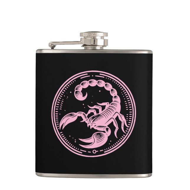 Pink Scorpion Astrology Zodiac Sign Scorpio Flask (Front)