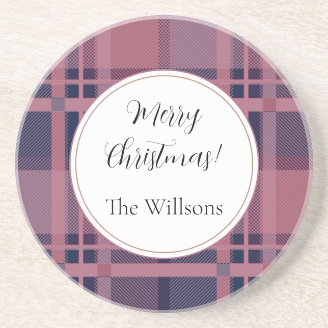 Pink Scottish Lady Tartan Pattern Merry Christmas Coaster (Front)