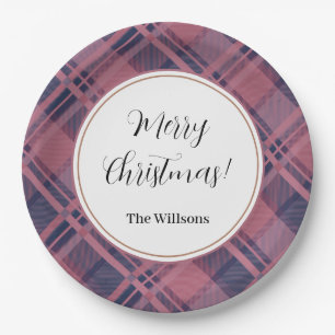 Pink Scottish Lady Tartan Pattern Merry Christmas Paper Plates