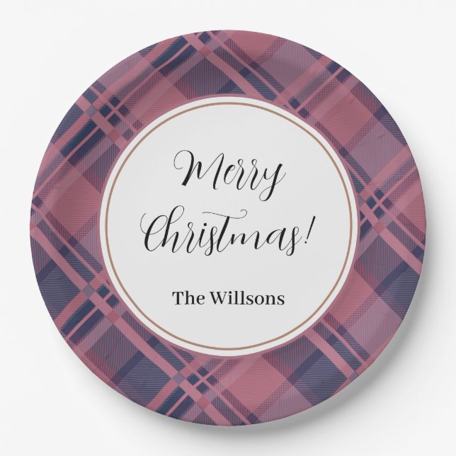 Pink Scottish Lady Tartan Pattern Merry Christmas Paper Plates (Front)