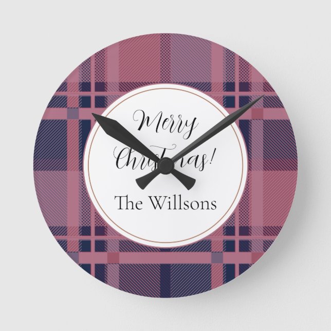 Pink Scottish Lady Tartan Pattern Merry Christmas Round Clock (Front)