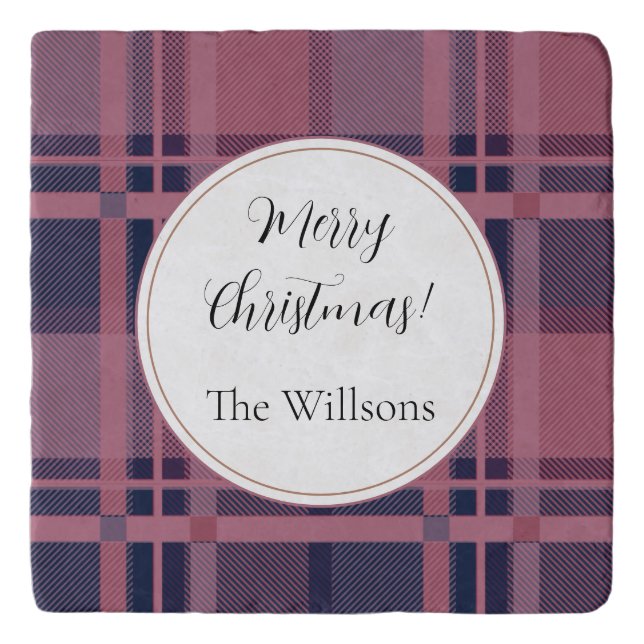 Pink Scottish Lady Tartan Pattern Merry Christmas Trivet (Front)