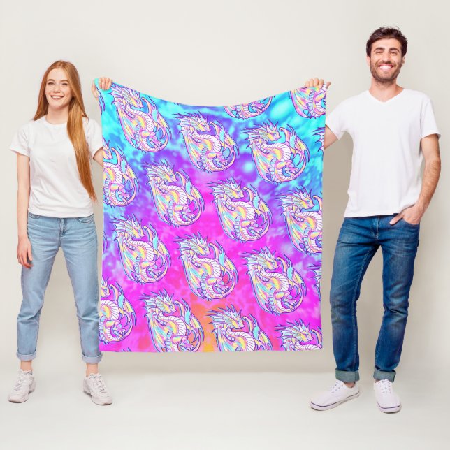 Pink Scribble Cute Girly Dragon Wyvern Inugami Fleece Blanket (In Situ)