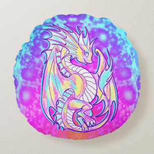 Pink Scribble Cute Girly Dragon Wyvern Inugami Round Pillow