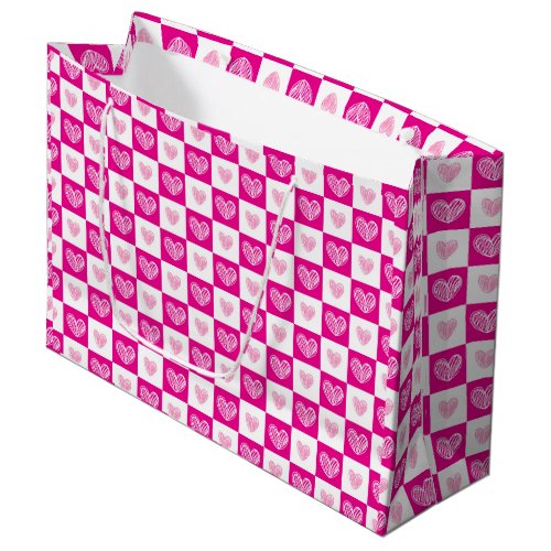 Pink scribble hearts check pattern large gift bag