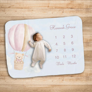 Pink Script Bear in Hot Air Balloon Milestone Baby Blanket