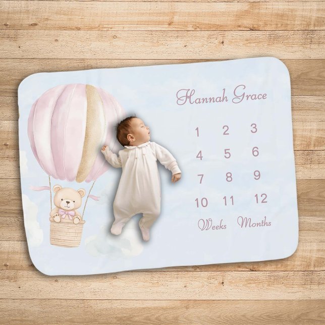 Pink Script Bear in Hot Air Balloon Milestone Baby Blanket (Creator Uploaded)
