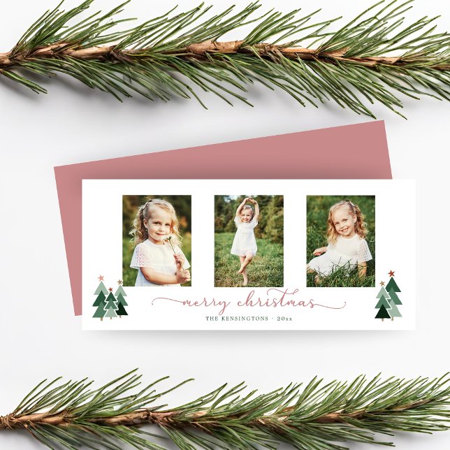 Pink Script Christmas Trees Holiday 3 Photo (Pink Script Christmas Trees Holiday 3 Photo Card)