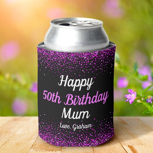 Pink Script Confetti Dots Black 50th Birthday Mom Can Cooler