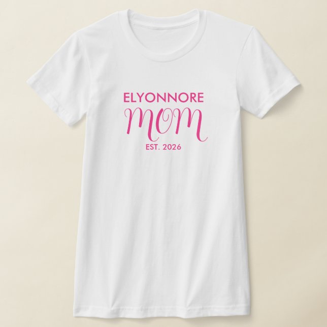 Pink Script Established Mom White Custom Name T-Shirt (Laydown)