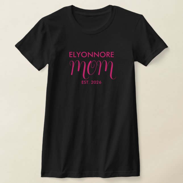 Pink Script Established Mom White Custom Name T-Shirt (Laydown)