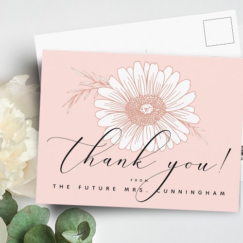 Pink Script Flower Bridal Shower Thank You Postcard