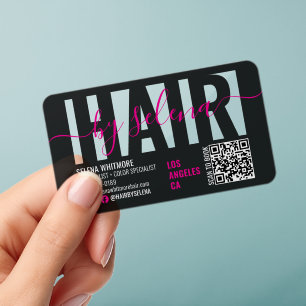 Pink Script Hair Stylist Logo Clear QR Code Modern Business Cards