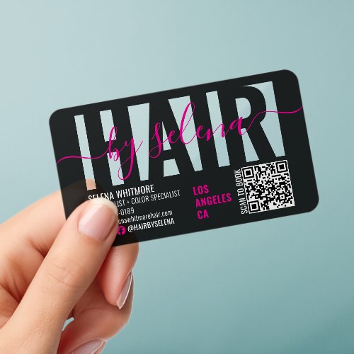 Pink Script Hair Stylist Logo Clear QR Code Modern Business Cards