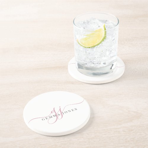 Pink Script Initials Monogram Minimalist  Coaster