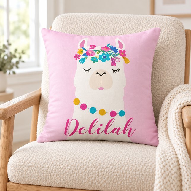 Pink Script Llama Monogram Nursery Throw Pillow (Creator Uploaded)