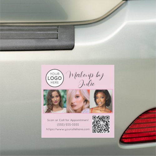 Pink Script Logo with QR Code Photo Makeup Studio Car Magnet