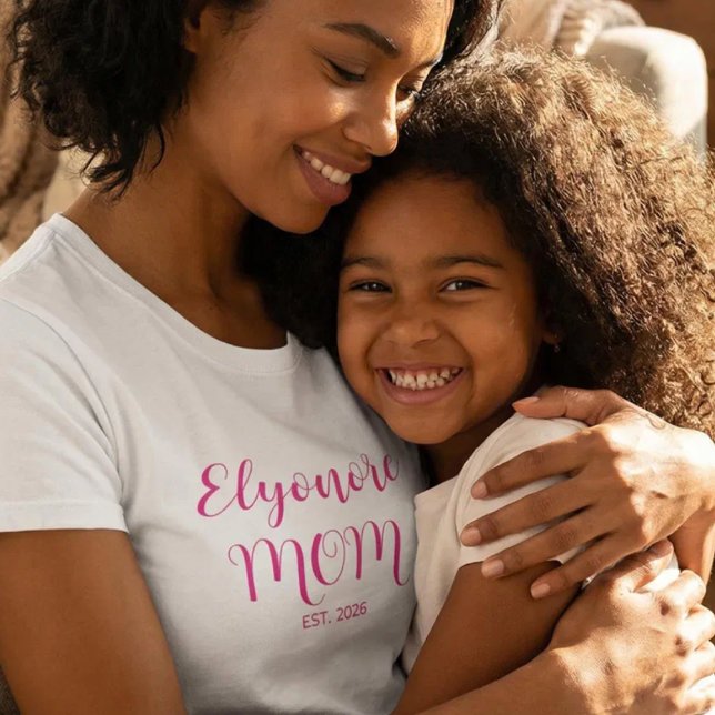 Pink Script Personalised Name Established Mom  T-Shirt (Creator Uploaded)