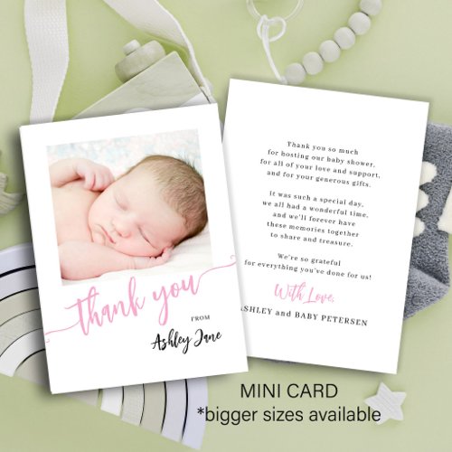 Pink script photo girL baby shower thank you mini Note Card