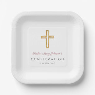 Pink Script Religious Cross Girl Confirmation Paper Plates