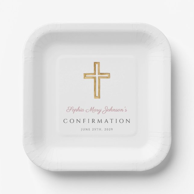 Pink Script Religious Cross Girl Confirmation Paper Plates (Front)