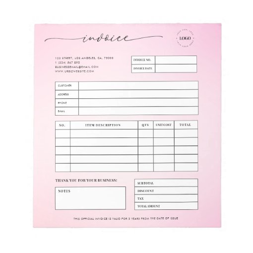 Pink Script Small Business Sales Invoice Receipt Notepad | Zazzle