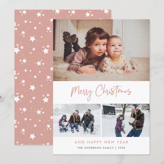 Pink Script Stars Christmas 3 Photo Collage