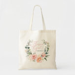 Pink Script Watercolor Floral Wreath Flower Girl Tote Bag<br><div class="desc">A pretty, modern floral Flower Girl design. The watercolor wreath of pink, peach and eucalyptus greenery features the title "Flower Girl" in the center, in hand lettered pink script typography, and it is personalized with the bridesmaid's name below. This is part of a collection of Bridal Party gifts in this...</div>