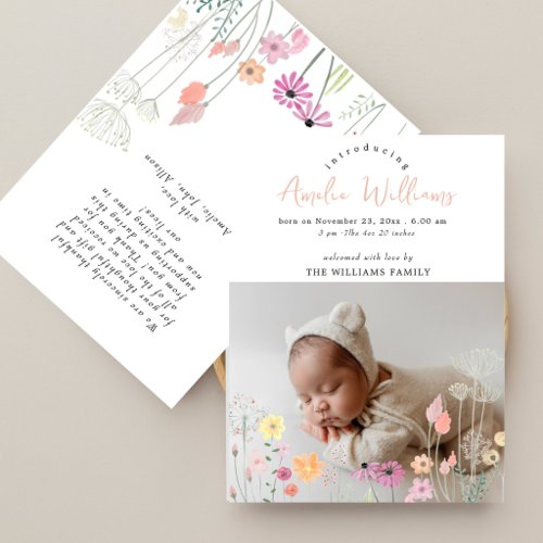 Pink Script Wildflowers Overlay Photo Baby Shower Thank You Card