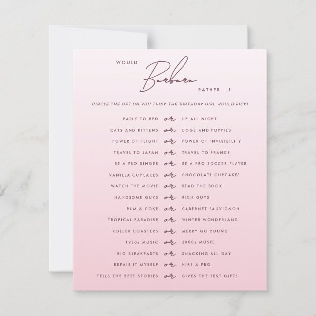 Pink Script Would She Rather Party Game Card (Front)