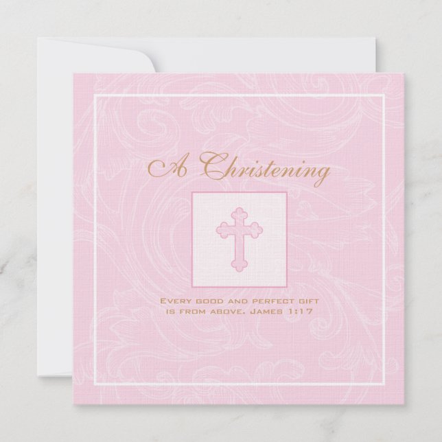 Pink Scroll Christening Invitation (Front)