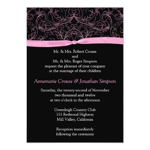 Pink Scrolls and Ribbon Wedding Invitation | Zazzle