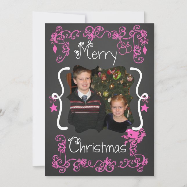 Pink Scrolls Customized Photo Holiday Card (Front)