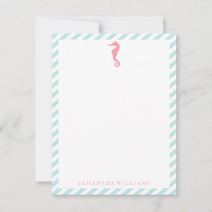 Pink Sea Horse on Mint Stripes Thank You Notes Invitation